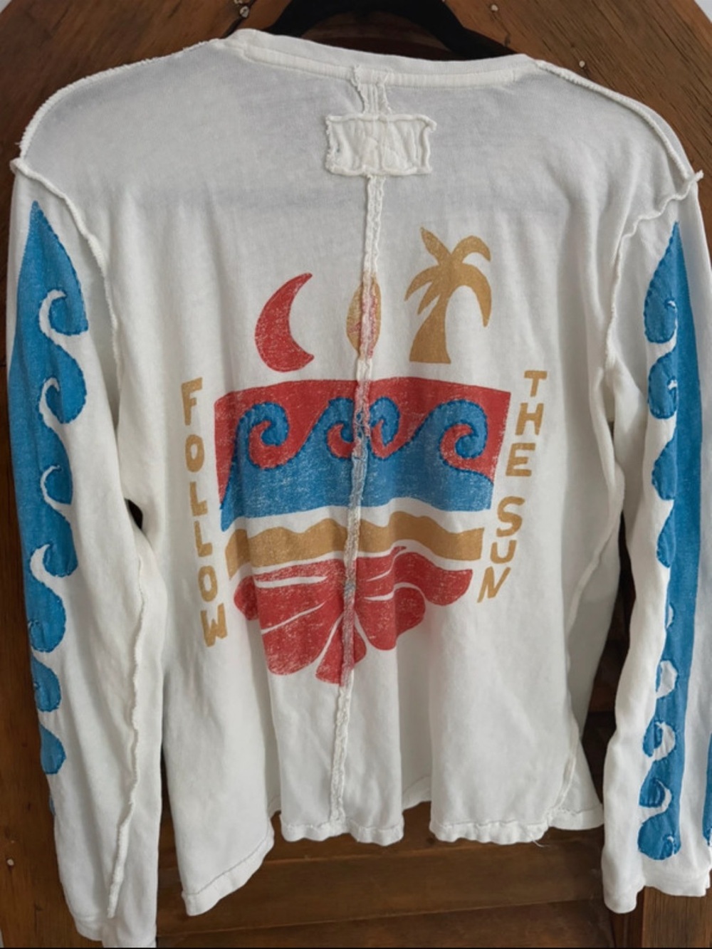 Free People White Long-Sleeve Graphic Tee with Blue & Red Waves